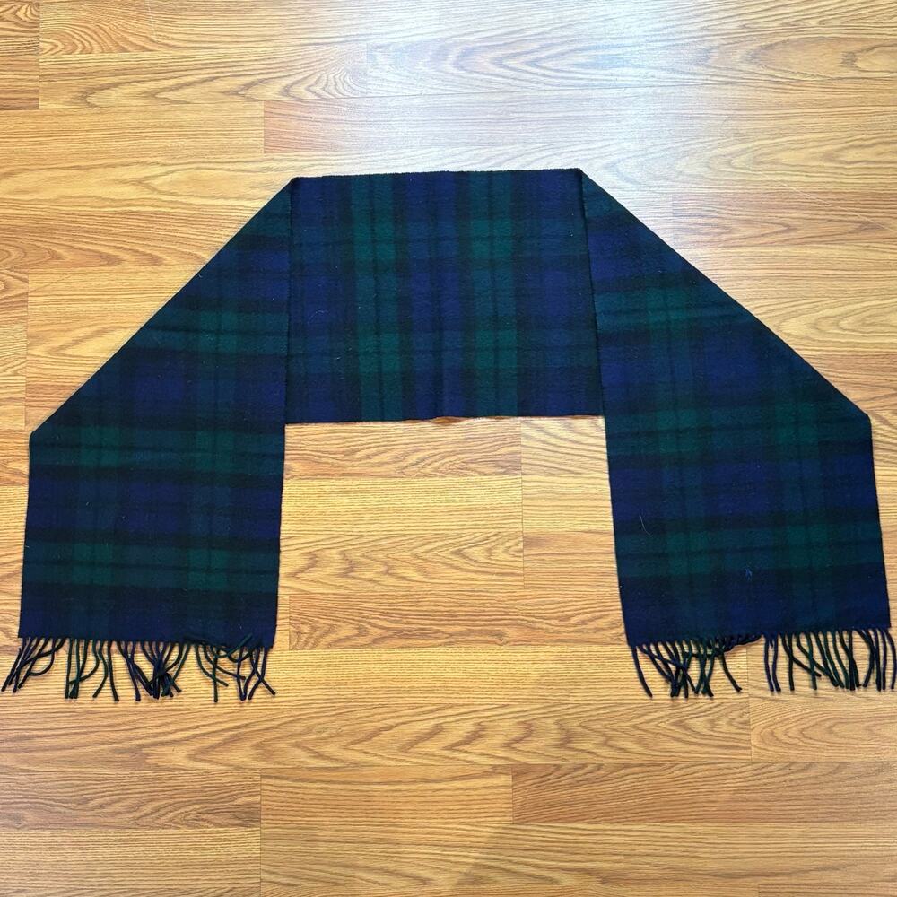 Vtg 1990s Polo Ralph Lauren 100% Lambswool Plaid Scarf Fringed Blackwatch Grn Bl
